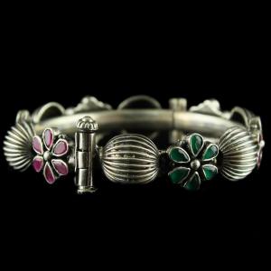 Silver Oxidized Fancy Bangle Studded Red And Green Onyx