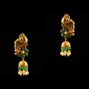 Silver Gold Plated Peacock Design Earrings Studded Rice Pearl And Green Pearls