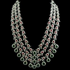 Silver Necklace With Zircon Stone And Green Onyx Red Onyx