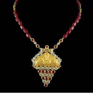 GOLD PLATED LAKSHMI NECKLACE WITH CZ AND RUBY STONES