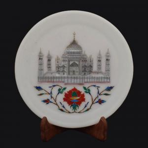MARBLE TAJ INLAY PLATE WITH STAND