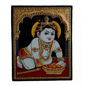22ct Gold Handmade Lord Krishna Eating Laddu Tanjore Painting