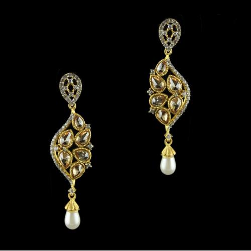 Silver Gold Plated Antique Design Earring Studded Zircon Stones And Pearls