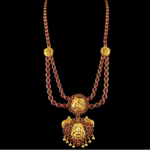 Silver Gold Plated Lakshmi And Peacock Design Lond Necklace Studded Ruby Stones