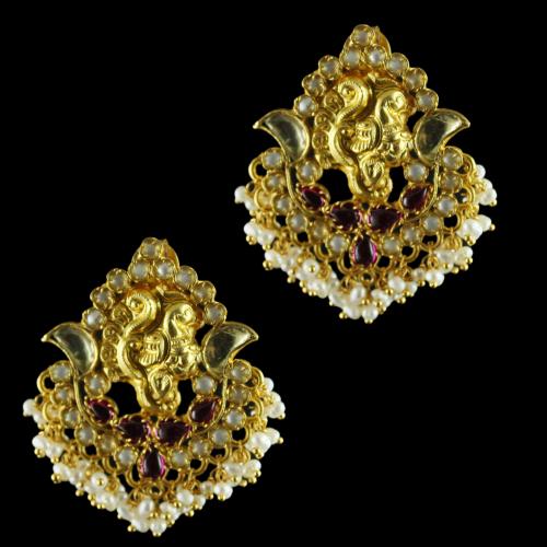 92.5 Silver Gold Plated Peacock Design Earrings Studded Kundan Stones
