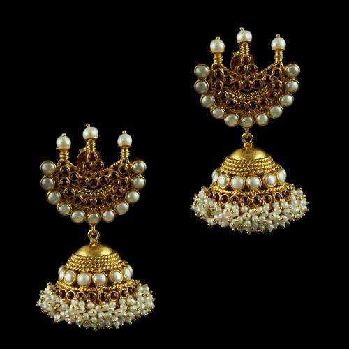 Silver Gold Plated Jhumka Earrings Studded Pearl And Red Onyx
