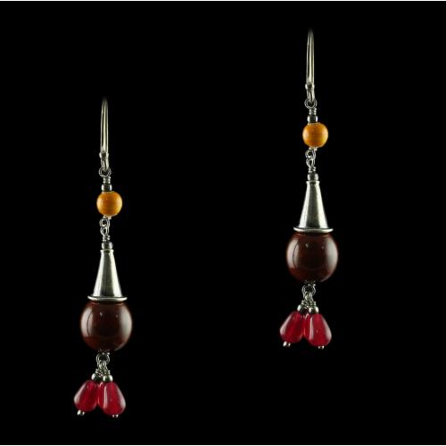 Silver Wooden Hanging Earrings With Onyx