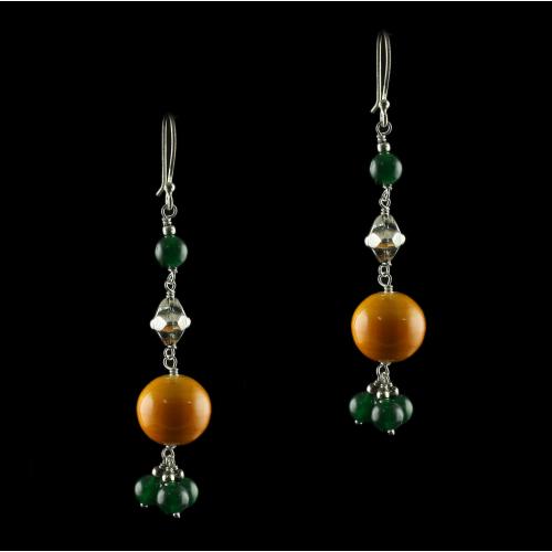 Silver Wooden Hanging Earrings With Onyx