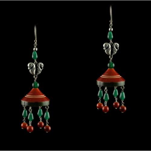 Silver Wooden Hanging Earings Studded Red Onyx And Green Beds