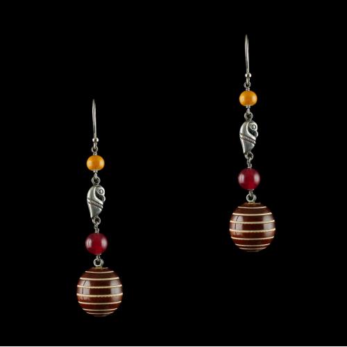 Silver Wooden Hanging Earings Studded Red Onyx Stones