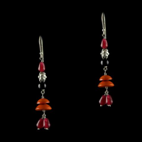 Silver Wooden Hanging Earrings Red Onyx Stones