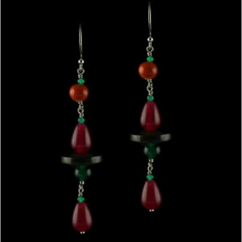 Silver Wooden Hanging Earrings Studded Red Onyx And Green Beads