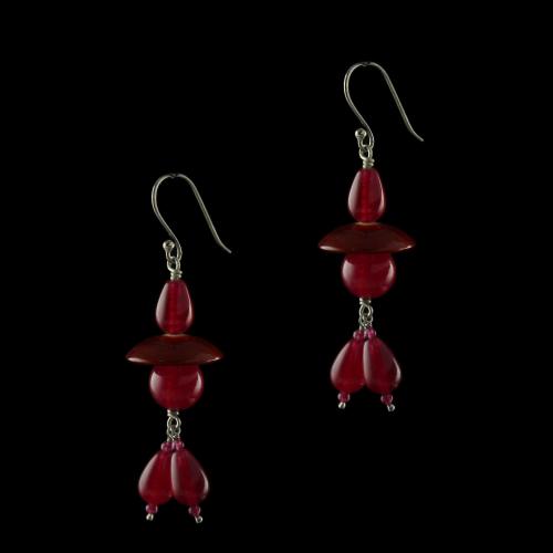 Silver Wooden Hanging Earrings Studded Red Onyx And  Beads
