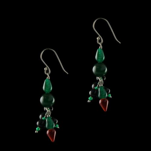 Silver Wooden Hanging Earrings Studded Green Onyx And  Beads