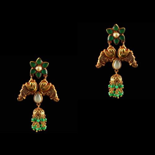 Silver Gold Plated Drops Earrings Green And Pearls