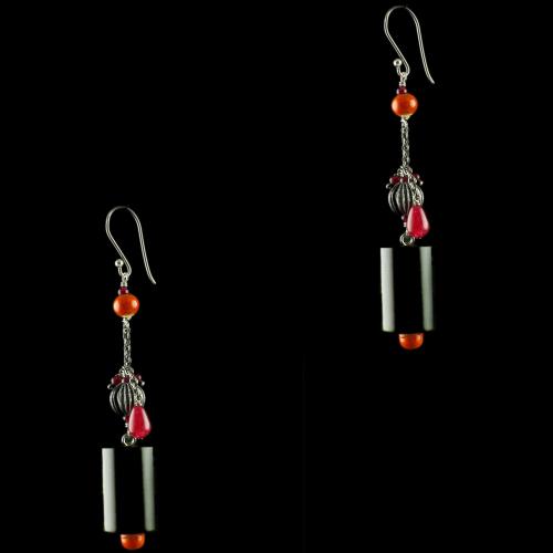 Silver Wooden Hanging Earrings Studded Onyx
