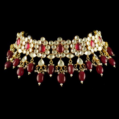 Silver Gold  Plated Fancy Design Necklace Studded Polki And Red Beads