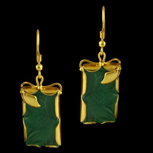 Silver Gold Plated Fancy Design Haning Earrings Studded Green Onys