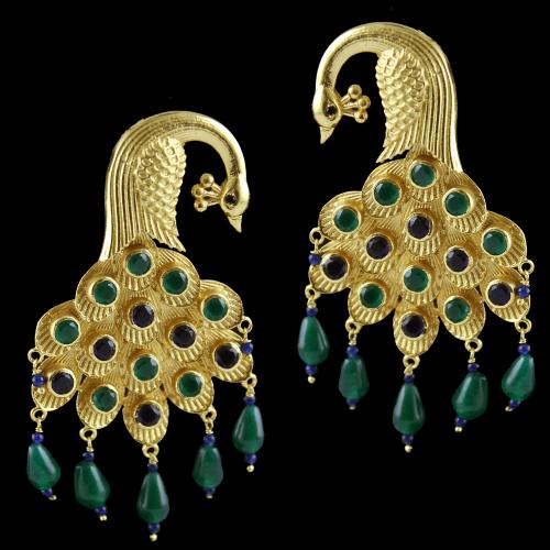 Silver Gold Plated Peacock Design Earring Drops Studded Green And Blue Onyx And Black Zircon