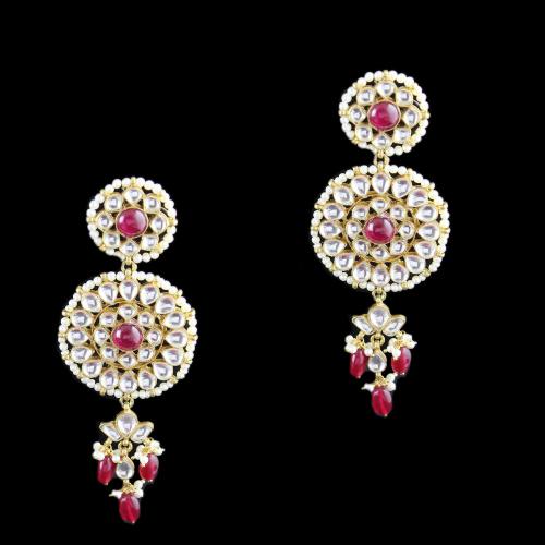 Silver Fancy Design Earring Drops Studded Kundan And Red Onyx And Pearl