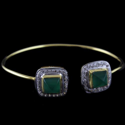 Gold Plated Cuff Bangle Green Onyx And Zircon Stones
