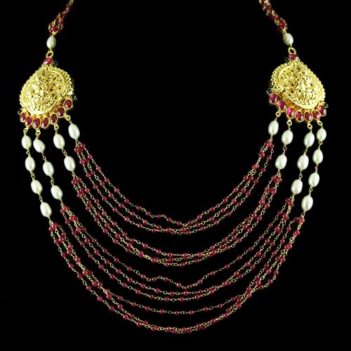 Gold Plated Red Onyx And Pearl Stone Lakshmi Necklace