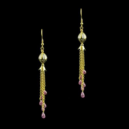 Gold Plated Hanging Earring Studded With Zircon Stone And Ruby
