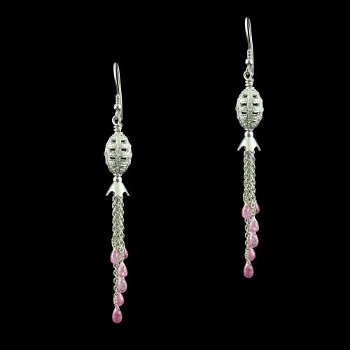 Silver Hanging Earring Studded With Zircon Stone And Ruby