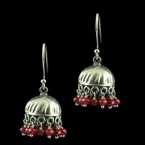 Silver Jhumka Hanging Earring Studded With Red Onyx