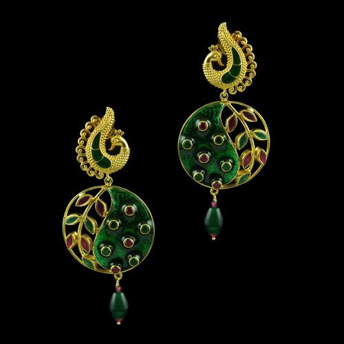 Gold Plated Enamel Earring Studded With Red And Green Onyx