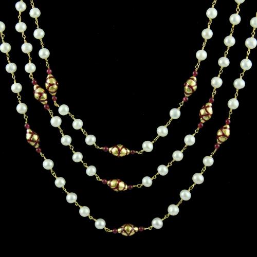 Gold Plated Necklace Studded With Pearl And Red Onyx