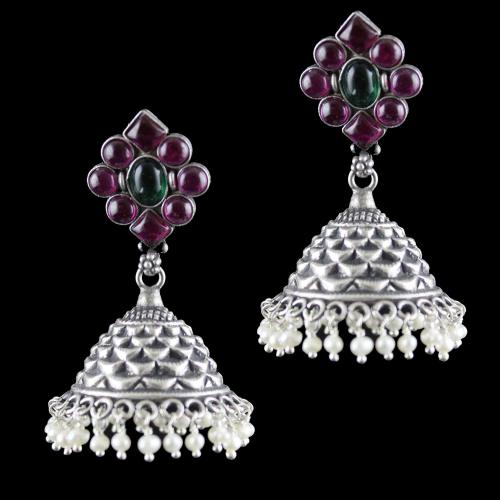 Silver Oxidized Jhumka Studded Red,Green Onyx