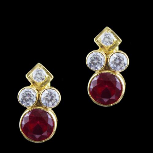 Gold Plated Casual Earring Studded With Red Onyx And  Zircon Stone