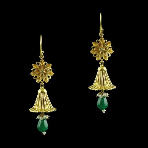 Gold Plated Floral Jhumka Earring Pearl And Green Onyx