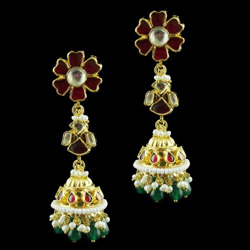 Gold Plated Jhumka Earring Studded Red,Green Onyx And Pearl