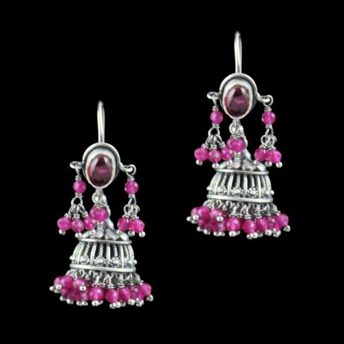 Oxidized Silver Hanging Jhumka Earrings With Red Corundum Stone And Onyx Beads