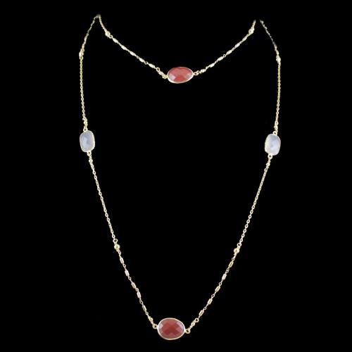 Silver Long Chain Studded Onyx And Chalcedony Stones