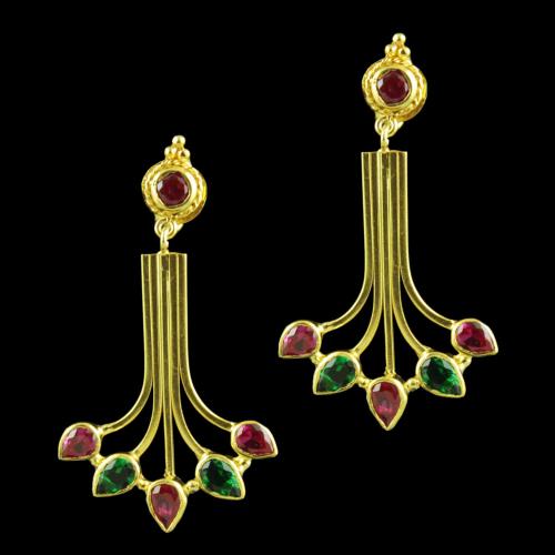Gold Plated Drops Earring With Green Hydro And Red Corundum Stones