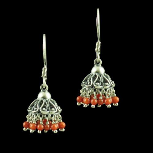 OXIDIZED SILVER CORAL STONE JHUMKA EARRINGS