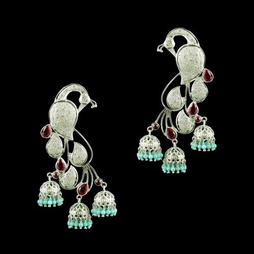 SILVER PEACOCK EARRINGS WITH RED CORUNDUM CZ AND TURQUOISE BEADS