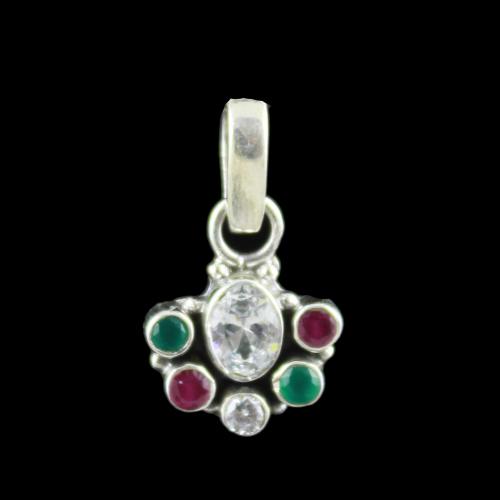 SILVER FLORAL DESIGN OXIDIZED PENDANT WITH RUBY EMERALD AND CZ STONES