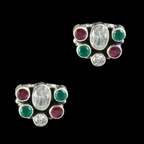 SILVER FLORAL DESIGN OXIDIZED EARRINGS WITH RUBY EMERALD AND CZ STONES