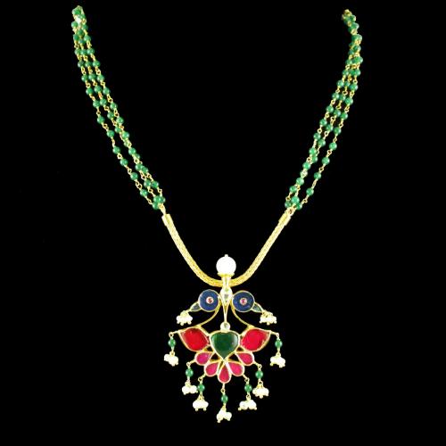 GOLD PLATED KUNDAN STONE PEACOCK NECLACE WITH GREEN HYDRO AND PEARLS