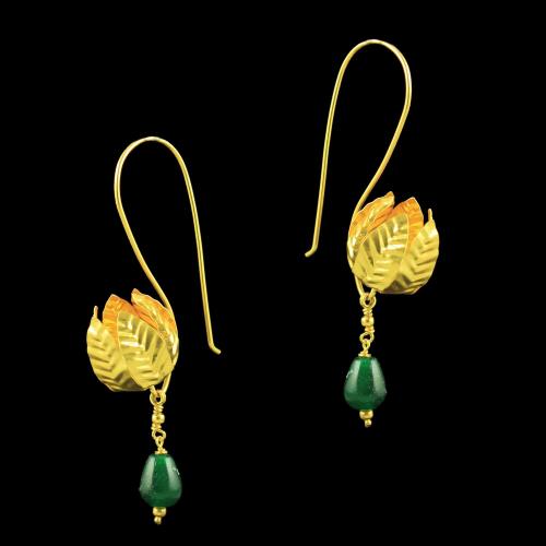 GOLD PLATED FLORAL EARRINGS WITH GREEN ONYX BEADS