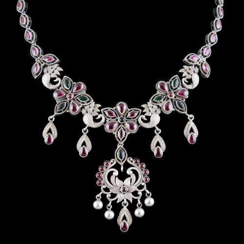 OXIDIZED SILVER RUBY AND EMERALD NECKLACE