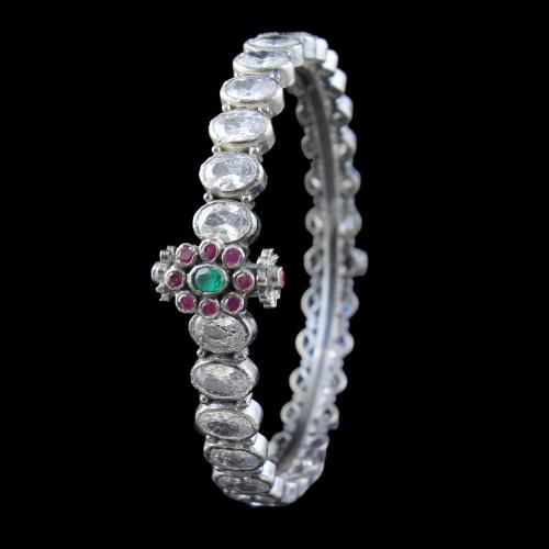 SILVER OXIDIZED CZ BANGLE WITH RUBY AND EMERALD