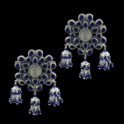 OXIDIZED SILVER BLUE SAPPHIRE EARRINGS WITH BEADS