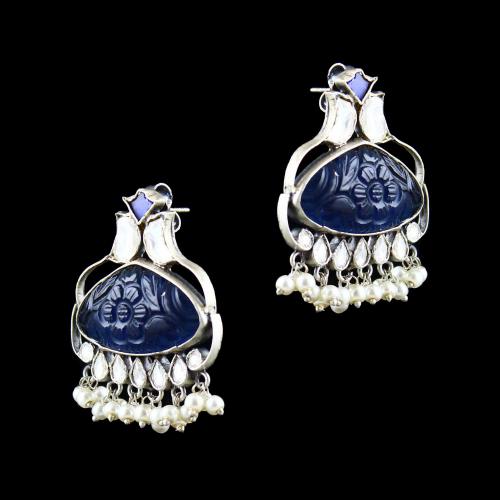 OXIDIZED SILVER KUNDAN AND HYDRO STONES EARRINGS WITH PEARLS