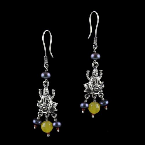 OXIDEZED SILVER HANGING EARRINGS WITH YELLOW CRYSTAL AND BLACK PEARLS