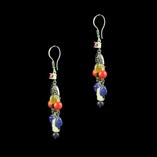 OXIDEZED SILVER HANGING EARRINGS WITH MULTI COLOR STONES